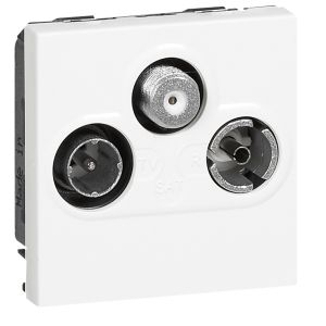 Prise TV-R-SAT blanc Mosaic FM et DAB+ (2 modules) réf. 078786 de Legrand. Prise étoile blindée Classe A pour la réception des signaux télévision (compatible TV UHD), radio et satellite.