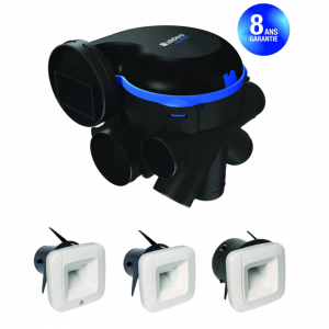 Kit VMC simple flux EasyHOME HYGRO Premium MW BDH référence 11033434 - ALDES. Composé d'un groupe moteur EC et de 3 bouches hygroréglables.