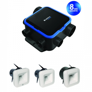 Kit VMC simple flux EasyHOME HYGRO COMPACT Premium MW BDH référence 11033451 de la marque ALDES. Composé d'un groupe moteur EC (très basse consommation et silencieux) + 1 bouche cuisine C51 PUSH Ø 125 mm + 1 bouche bain B51 Ø 80 mm + 1 bouche wc W16 PRES 