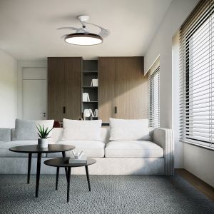 Mise en place dans un salon du Ventilateur de plafond avec éclairage LED, Aelion référence 112457 FARELEK.