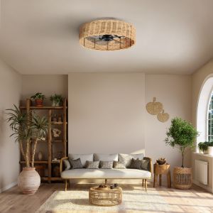 Mise en place dans un salon du Ventilateur de plafond avec éclairage, Alyzia référence 112458 de FARELEK.