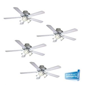 Lot de 4 Ventilateurs de plafond (3 achetés + 1 offert) 112472 BALEARES - FARELEK, sélecteur de vitesses, pales en MDF cannées blanc, éclairage tulipes E27.