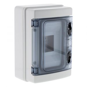 Coffret étanche IP65 pour 4 modules, référence 150202 de la marque Zenitech. Convient à une installation électrique domestique, idéal pour un atelier ou un abri piscine. Livré avec porte, rail DIN métal, un bornier de terre et obturateurs. Certifié CE.