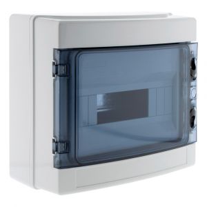 Coffret étanche 8 modules IP65, référence 150204 de la marque Zenitech.Livré avec porte, rail DIN métal, un bornier de terre et obturateurs. Certifié CE.