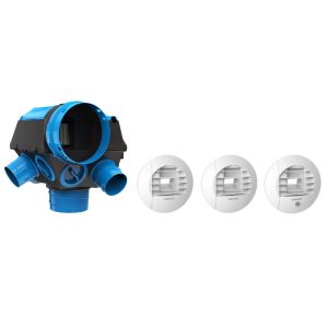 Kit VMC simple flux hygroréglable référence 412320 gamme Hygrocosy BC 2 de la marque ATLANTIC. Composé d'un groupe avec rejet d160 + 3 bouches à piles (d80 WC détecteur présence + d80 salle de bain + d125 cuisine) + accessoires.