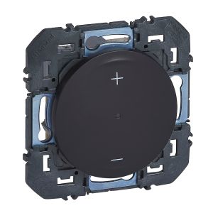 Interrupteur variateur d'éclairage Dooxie universel, 600266A Legrand. Finition noir mat et compatible LED dimmables, halogènes et fluocompactes jusqu'à 150 W.