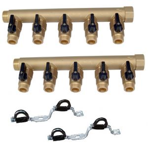 Pack composé de 2 Collecteurs 3/4 (20x27) - 5 départs mâles 1/2 (15x21) avec vannes pré-montées et de 1 lot de 2 supports nourrice 3/4 (20x27) AC-FIX. Parfait pour vos travaux de plomberie. Pour de la construction neuve ou de la rénovation. Permets la dis