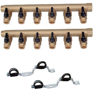 Pack comprenant 2 collecteurs AC-FIX 3/4 (20x27) avec 6 départs mâles vannes 1/2 (15/21) ouverture 1/4 de tour et 2 supports Nourrice 3/4 (20x27) de la marque AC-FIX.