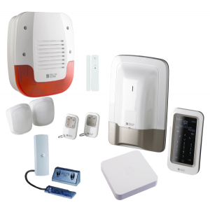 Pack alarme sans fil Tyxal+ en Delta Dore comprenant un kit réf. 6410168, 1 détecteur d'ouverture Tyxal+ réf. 6412288, 1 sirène extérieure Tyxal+ (6415224), 1 box Tydom Home réf. 6700116 et 1 détecteur ouverture portail (6412300) Tyxal+.