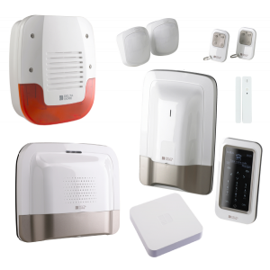 Pack alarme sans fil Tyxal+ en Delta Dore comprenant un kit réf. 6410168, 1 détecteur d'ouverture Tyxal+ réf. 6412288, 1 sirène extérieure Tyxal+ (6415224), 1 répéteur radio Tyxal+ (6414119) et 1 box Tydom Home réf. 6700116.