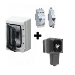 Kit de recharge pour véhicule électrique et hybride rechargeable. Composé d'une prise renforcée Easy Charge 3,6 Kw (790198) IP55 de ProTec + un interrupteur différentiel et un disjoncteur de Legrand + un coffret étanche IP65 + accessoires