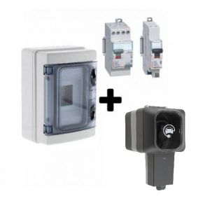 Kit de recharge pour véhicule électrique et hybride rechargeable. Composé d'une prise renforcée Easy Charge 3,6 Kw (790198) IP55 de ProTec + un interrupteur différentiel et un disjoncteur de Legrand + un coffret étanche IP65 + accessoires (peigne, visseri