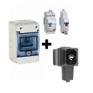 Kit de recharge pour véhicule électrique et hybride rechargeable. Composé d'une prise renforcée Easy Charge 3,6 Kw (790198) IP55 de ProTec + un interrupteur différentiel et un disjoncteur de Legrand + un coffret étanche IP65 + accessoires (peigne, visseri