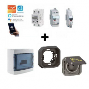 Kit de recharge pour véhicule électrique et hybride rechargeable. Composé d'une prise renforcée Green'Up Access (069885L) IP55 avec support plaque à encastrer (069606L) de Legrand + un interrupteur différentiel et un disjoncteur de Legrand, etc.