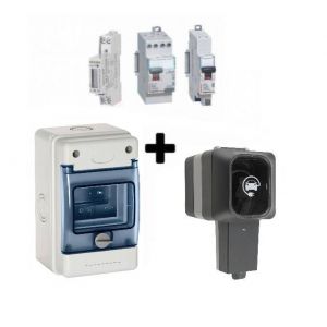Kit de recharge BMC-VC-79 pour véhicule électrique et hybride rechargeable. Composé d'une prise renforcée Easy Charge 3,6 Kw (790198) IP55 de ProTec + un interrupteur différentiel et un disjoncteur de Legrand + un compteur monophasé certifié MID + un coff