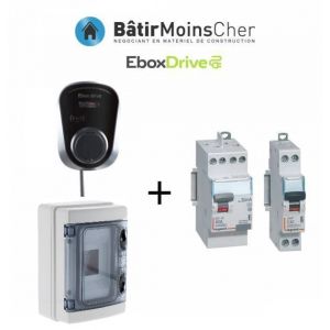 Kit de recharge pour voiture électrique Ebox drive 7,4kW EBOX7KWT2SPP Plug and Play, protections montées dans un tableau étanche. Permet de charger votre voiture électrique en Mode 3. Prise Ebox drive d'une puissance de 7,4kW avec une protection IP55 cont