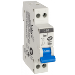 Disjoncteur magnétothermique 10A référence CBMM1N10F de la marque Solera. Bornes vis/vis. Tension d'utilisation 230 Vac (50/60 Hz) - bipolaire 1P+N. Pouvoir de coupure 3kA. Courbe C. Encombrement de 1 module.