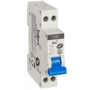 Disjoncteur magnétothermique 32A - vis-vis - référence CBMM1N32F de la marque Solera. Tension 230 Vac (50/60 Hz) 3kA - bipolaire 1 Ph + N. Courbe de déclenchement C. Encombrement : 1 module.