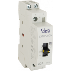 Contacteur jour/nuit 2P - 20A - 2 contacts NO - référence CM2P20DN de la marque Solera. Tension de la bobine 230V 50/60 Hz. Encombrement 1 module. 0-Auto-1 en façade avant.