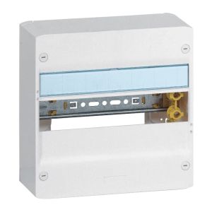 Coffret électrique Legrand Drivia référence 401211. 13 modules - 1 rangée. Dimensions extérieures : 250 x 250 x 103,5 mm.