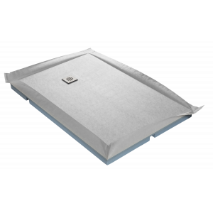 Receveur à carreler avec rehausse intégrée COMPACT BOARD Marmox. Grille carrée excentrée, siphon ultra plat, et natte étanche pré-montée.