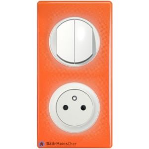 Double poussoir + prise Surface Céliane blanc - Plaque 70's orange