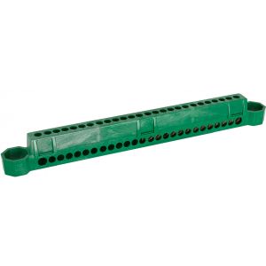 Barrette de terre référence GTL13PE de la marque Solera. Bornier vert pour 12 x 16 mm² + 1 x 25 mm² en rigide et 12 x 10 mm² + 1 x 16 mm² en flexible. Tension de service 400 Vac.