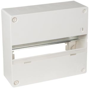 Coffret électrique en saillie en ABS blanc résistant, référence GTL13T de la marque Solera. Capacité 13 modules sur 1 rangée. Barrette de terre et rail DIN inclus. Dimensions : 250 x 240 x 96 mm.