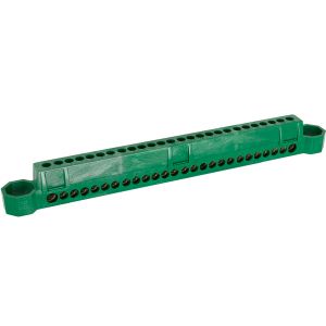 Barrette de terre verte référence GTL26PE de la marque Solera. Bornier pour 24 x 16 mm² + 2 x 25 mm² en rigide et 24 x 10 mm² + 2 x 16 mm² en flexible. Tension 400 Vac. 