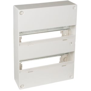 Coffret électrique ABS blanc, référence GTL26T de la marque Solera. 26 modules - 2 rangées. Pose en saillie. Barrette de terre + phase + neutre et rail DIN inclus. Dimensions extérieures : 250 x 365 x 96 mm.