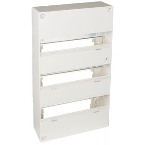 Coffret électrique référence GTL39T de la marque Solera. Capacité de 39 modules sur 3 rangées. Barrettes incluses : terre + phase + neutre. Dimensions extérieures : 250 x 490 x 96 mm. Boîtier équipé avec un rail DIN métallique.