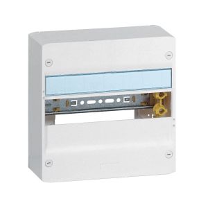 Coffret électrique Legrand Drivia référence 401211. 13 modules - 1 rangée. Dimensions extérieures : 250 x 250 x 103,5 mm.