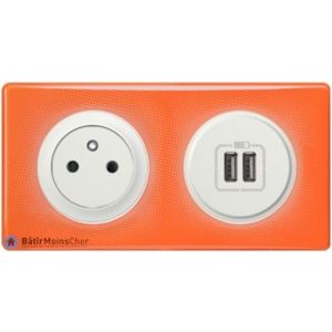 Prise Surface + prise double chargeur USB Céliane blanc - Plaque 70's orange
