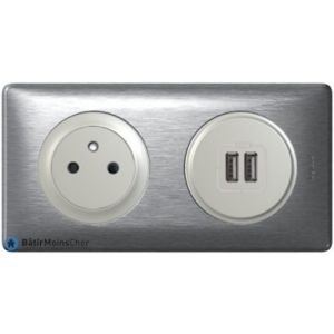 Prise Surface + double chargeur USB Céliane titane - Plaque Aluminium