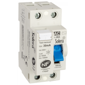 Interrupteur différentiel 40A type AC sensibilité 30mA - vis/vis - référence RCB2P4030F de la marque Solera. 2P (Ph+N). Encombrement 2 modules. Tension alternative de 230Vac (50/60 Hz). Pouvoir de coupure 3kA.
