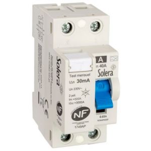 Interrupteur différentiel 40A type A 30mA - vis/vis - référence RCBA2P4030F de la marque Solera. 2P (Ph+N). Encombrement 2 modules. Tension alternative de 230Vac (50/60 Hz). Pouvoir de coupure 3kA.