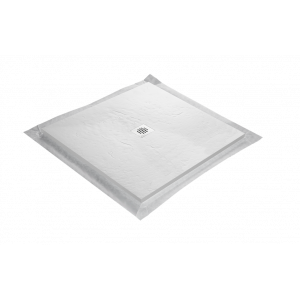 Receveur en résine gamme HD Slate couleur blanc imitation ardoise de la marque Marmox. Grille carrée inox blanc centrée avec siphon 360° vertical horizontal et natte étanche pré-montée.