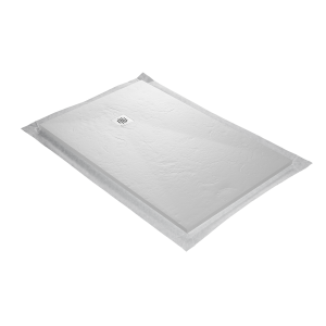 Receveur en résine HD Slate de la marque Marmox, blanc 9010 imitation ardoise. Grille carrée inox blanc excentrée avec siphon 360° vertical horizontal, natte étanche pré-montée.