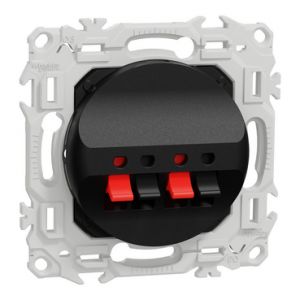 Prise haut-parleurs double 2 sorties à poussette référence S940488 gamme Odace - Schneider. Composé d'un mécanisme monté sur un support de fixation et d'un enjoliveur noir onyx.
