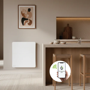 Mise en situation dans une cuisine du radiateur connecté 1000W double système de chauffe horizontal (blanc) TC-CI1000H-W ThermoCeram.