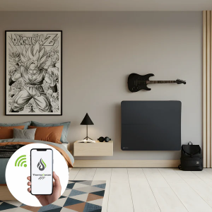 Installation dans une chambre du radiateur électrique connecté 1500W CIRA double système de chauffe horizontal noir TC-CI1500H-B de la marque Thermoceram.