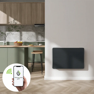 Mise en place dans une cuisine du radiateur électrique connecté 2000W Cira noir double système de chauffe horizontal TC-CI2000H-B de Thermoceram.