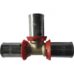 Té égal PER à sertir de la marque MB Expert. Application eau chaude et eau froide sanitaire, et réseau de chauffage. Pour tube PER à sertir, profil H ou RF.