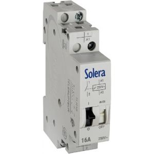 Télérupteur 16A 250V référence TLR16 de la marque Solera. Contact 1 NO (normalement ouvert) et bobine 230 Vac 50/60Hz.