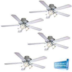 Lot de 4 Ventilateurs de plafond (3 achetés + 1 offert) 112472 BALEARES - FARELEK, sélecteur de vitesses, pales en MDF cannées blanc, éclairage tulipes E27.