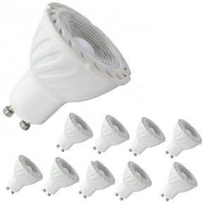 Lot de 10 ampoules LED GU10 de la marque Miidex, référence 78425.  220-240Vac - 5W - 4000°K (blanc neutre) - 440Lm - angle de diffusion 75°, non dimmable. Classe énergétique A+. Installés sur des rails luminaires, des spots et des plafonniers encastrés, p