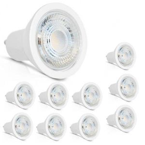 Lot de 10 Ampoules LED GU10 dimmable référence 78611 de la marque Miidex 5,5W 4000°K (blanc neutre) 450lm, tension d'alimentation 220-240 Vac - angle de difusion 38°. Montées avec des plafonniers, des spots encastrables et des rails luminaires.