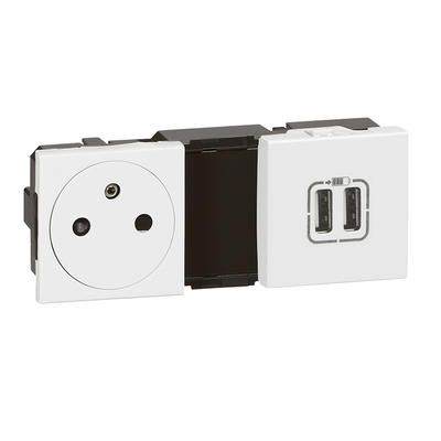 Prise de courant 2P+T Surface + chargeur 2 USB Type-A 2,4A 12W Mosaic 2x2 modules 230V ou 5V= - blanc