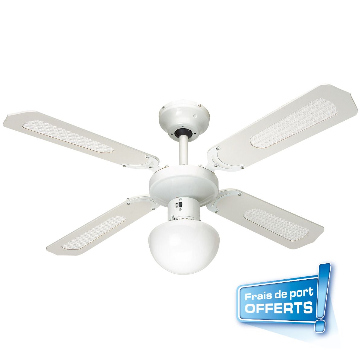 Ventilateur de plafond , sélecteur de vitesses, pales en MDF blanches, éclairage E27. Kit de fixation pour tous les supports offert avec cheville Duopower, vis et cheville molly.