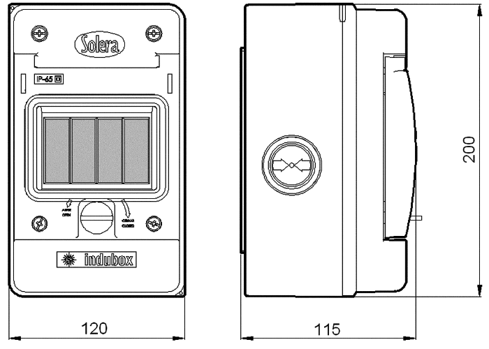 Dimensions du tableau étanche IP65 pour 4 modules - référence 1304 de la marque Solera. Indispensable pour une installation électrique en extérieure ou en milieu humide.